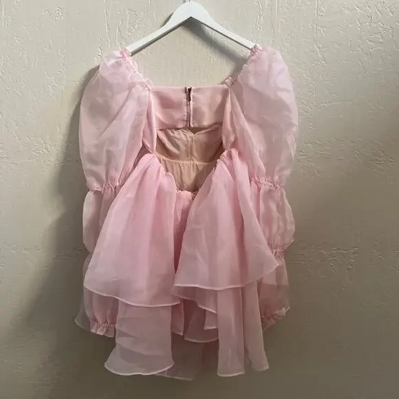 Selkie Ballerina Pink Long Sleeve Tiered Chiffon Puff Mini Moonlight Dress - Picture 7 of 10